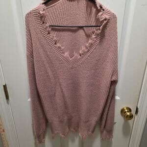 LEANI Distressed V-Neck Pullover Sweater Mauve M